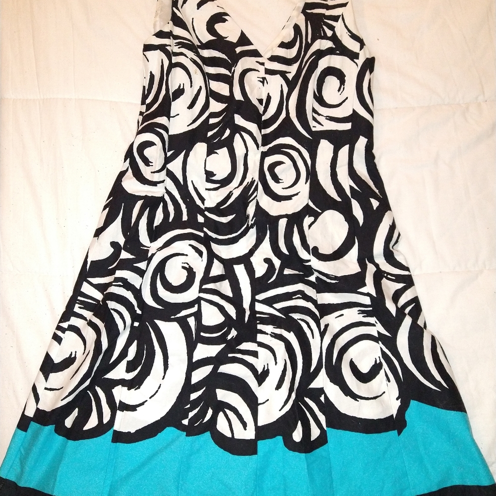 Black and white print dress with turquoise bottom